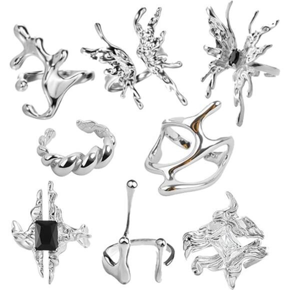 8 Pcs Vintage Silver Rings Sets Y2k Goth Coquette Grunge Chunky Stacking Rings - Picture 8 of 8